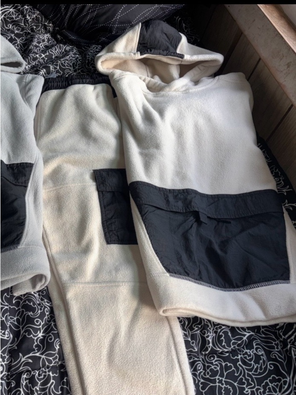 Two fleece sweatsuits…..Kids Cream & Black Fleece Jogger Set with Hood